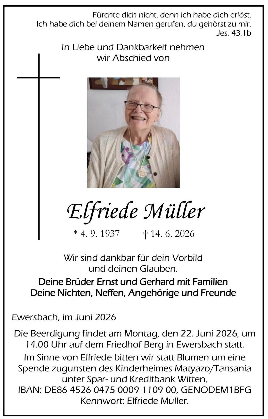 Traueranzeige Elfriede M&uuml;ller