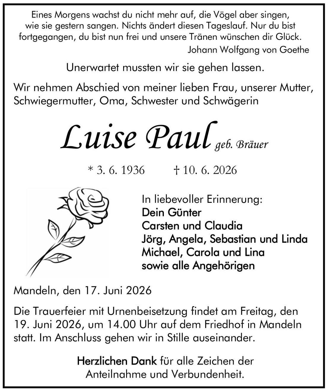 Traueranzeige Luise Paul