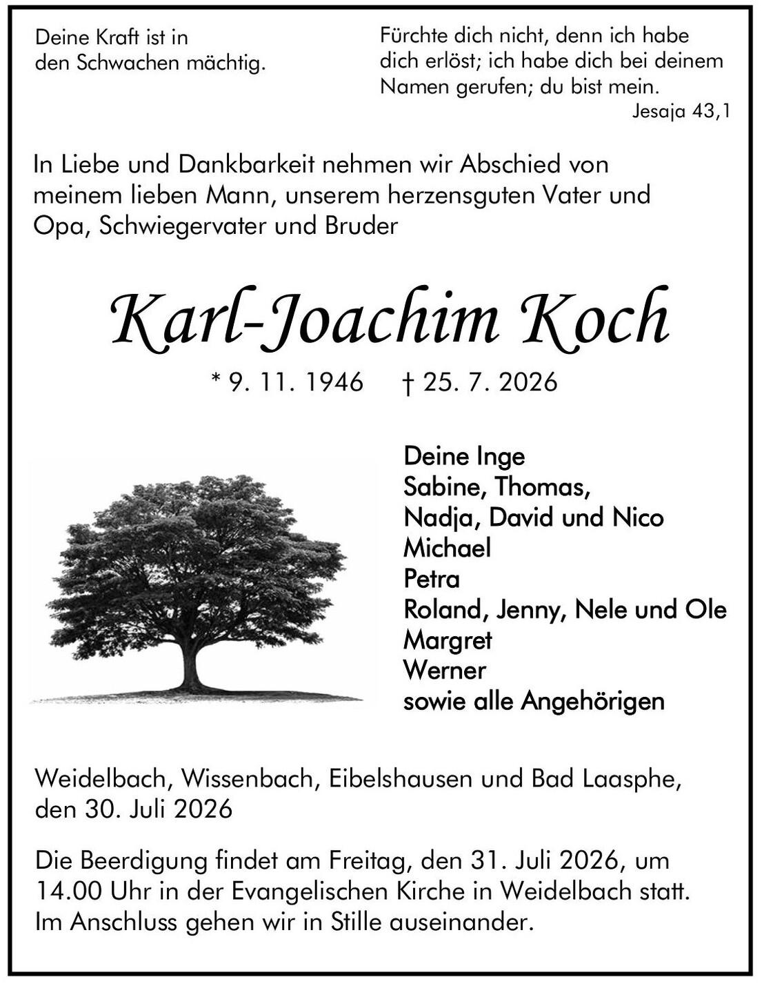 Traueranzeige Karl-Joachim Koch