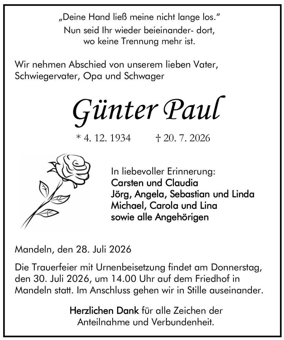 Traueranzeige G&uuml;nter Paul