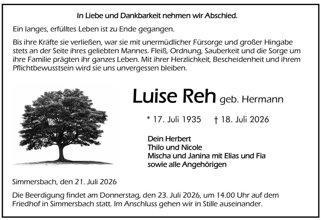Traueranzeige Luise Reh