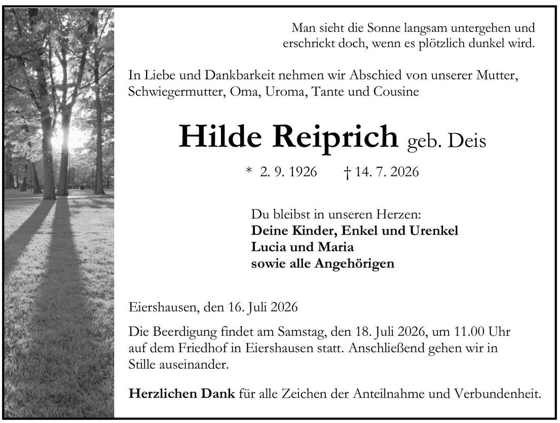 Traueranzeige Hilde Reiprich