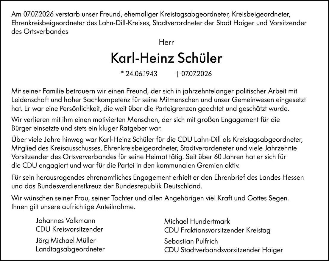 Nachruf Karl Heinz Sch&uuml;ler CDU
