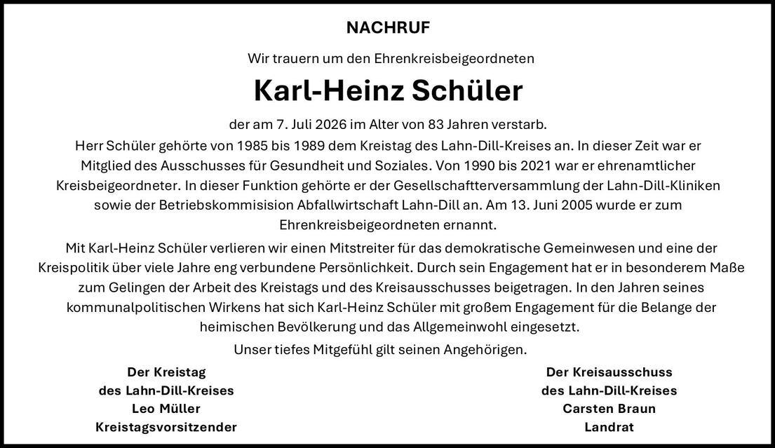 Nachruf Karl Heinz Sch&uuml;ler Kreistag