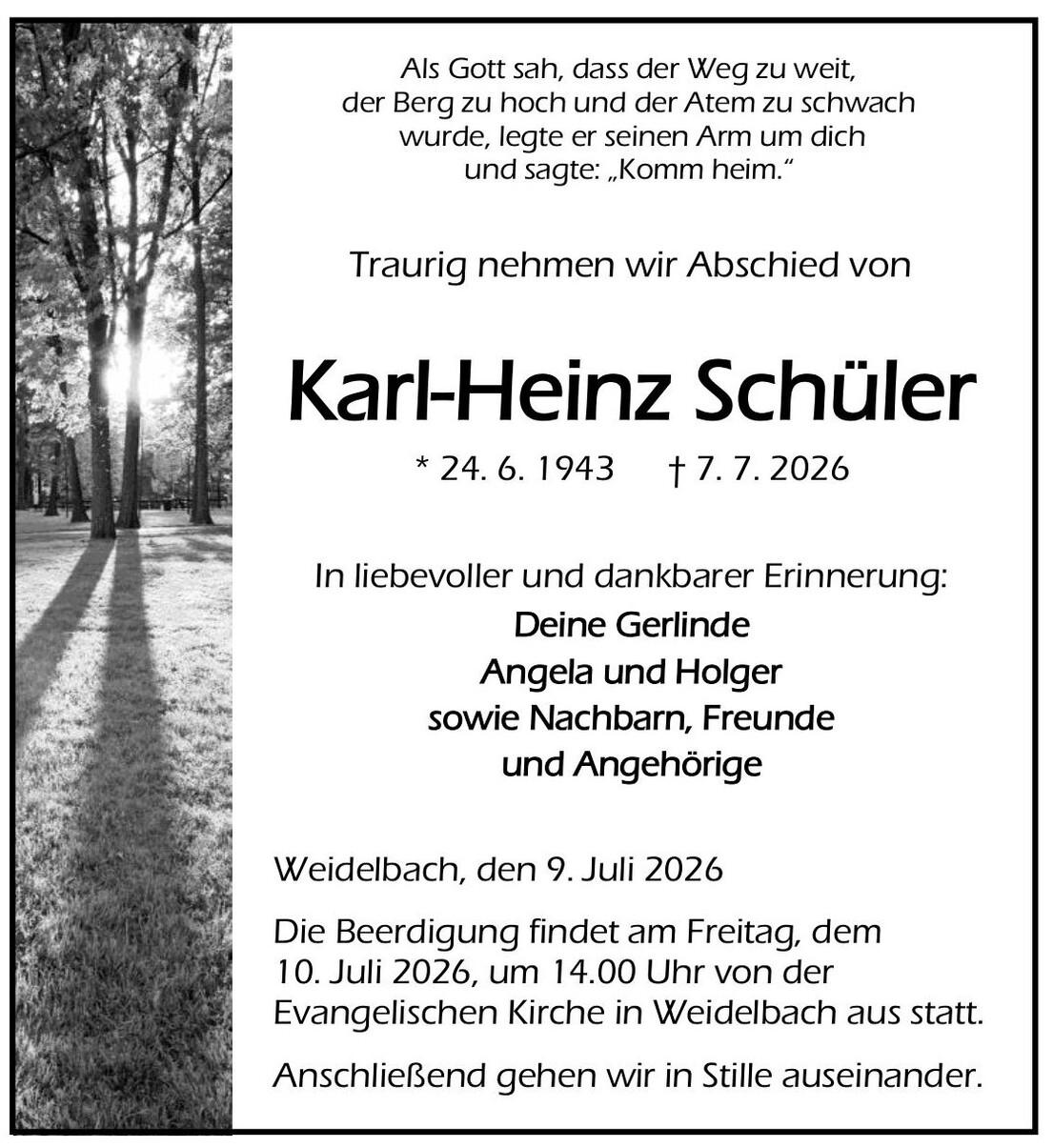 Traueranzeige Karl Heinz Sch&uuml;ler