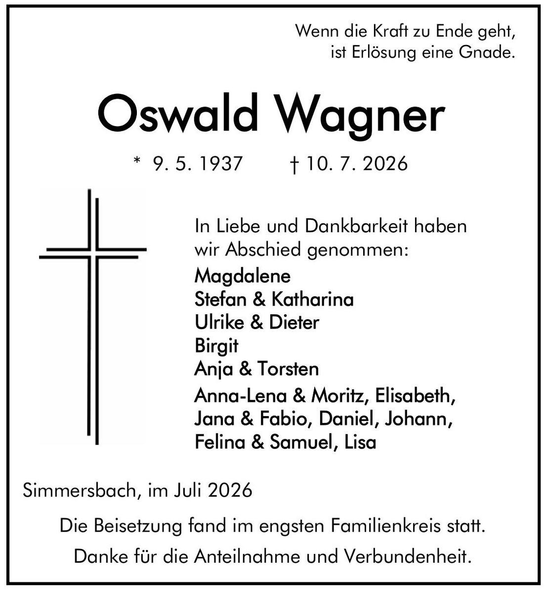 Traueranzeige Oswald Wagner