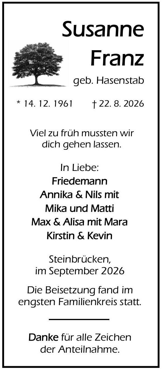 Traueranzeige Susanne Franz