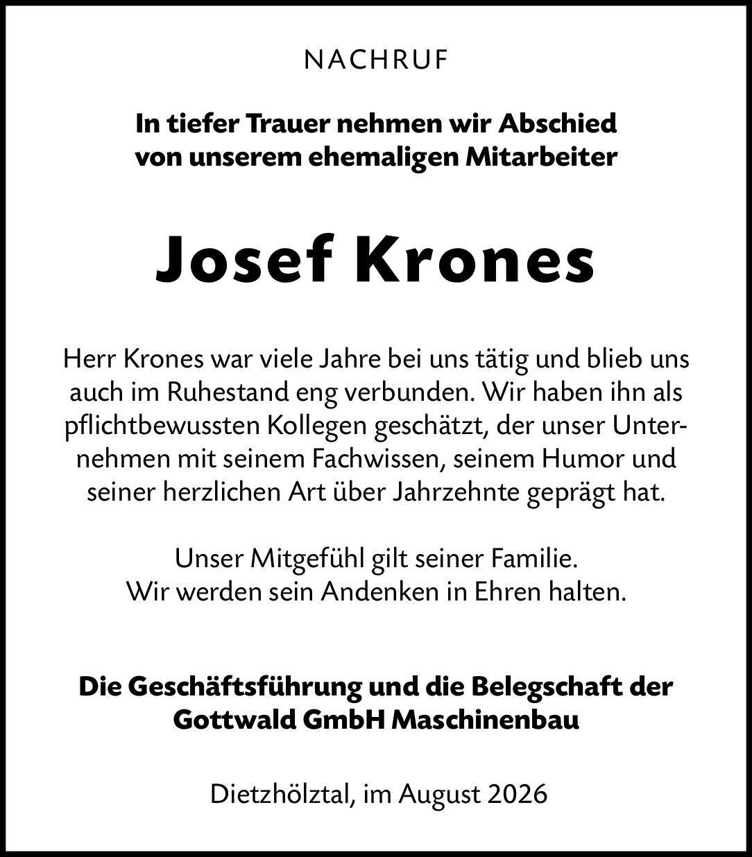 Nachruf Josef Krones