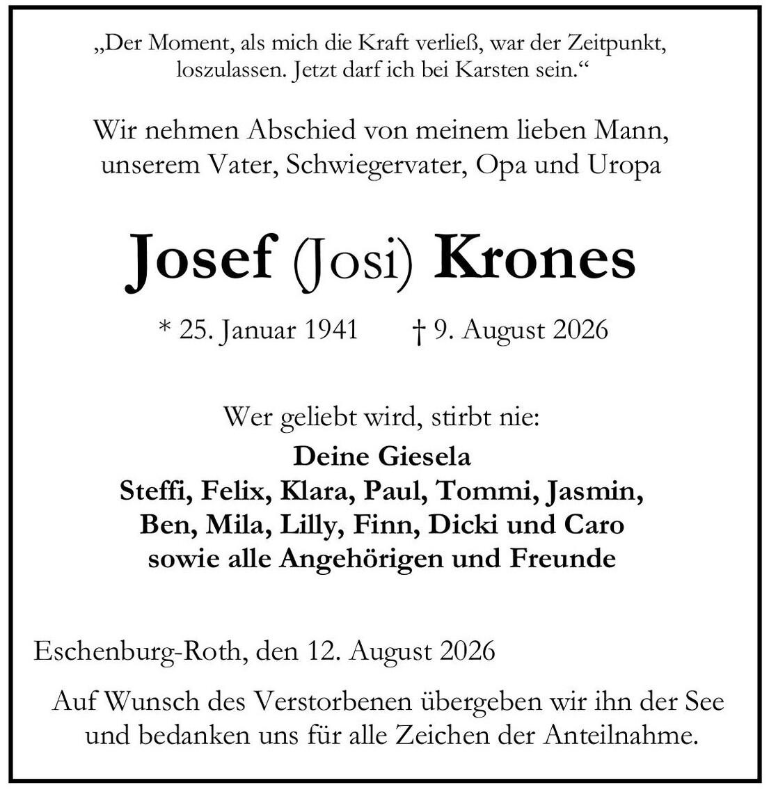 Traueranzeige Josef Krones