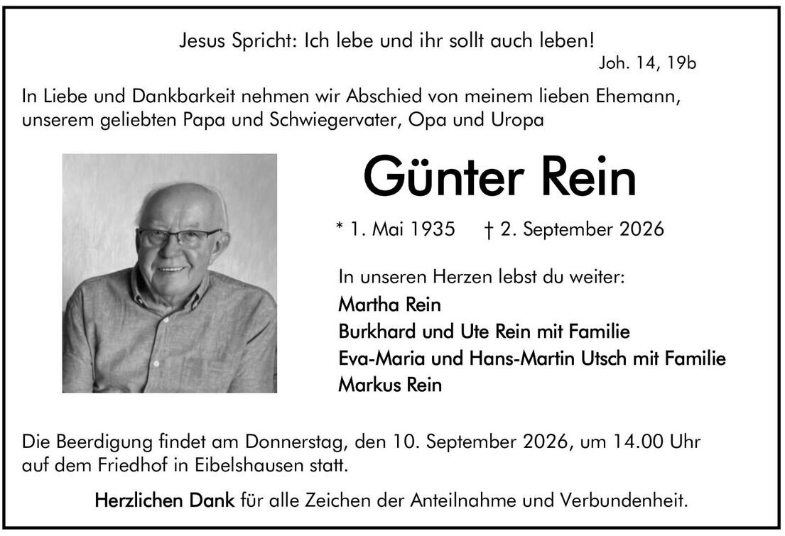 Traueranzeige G&uuml;nter Rein