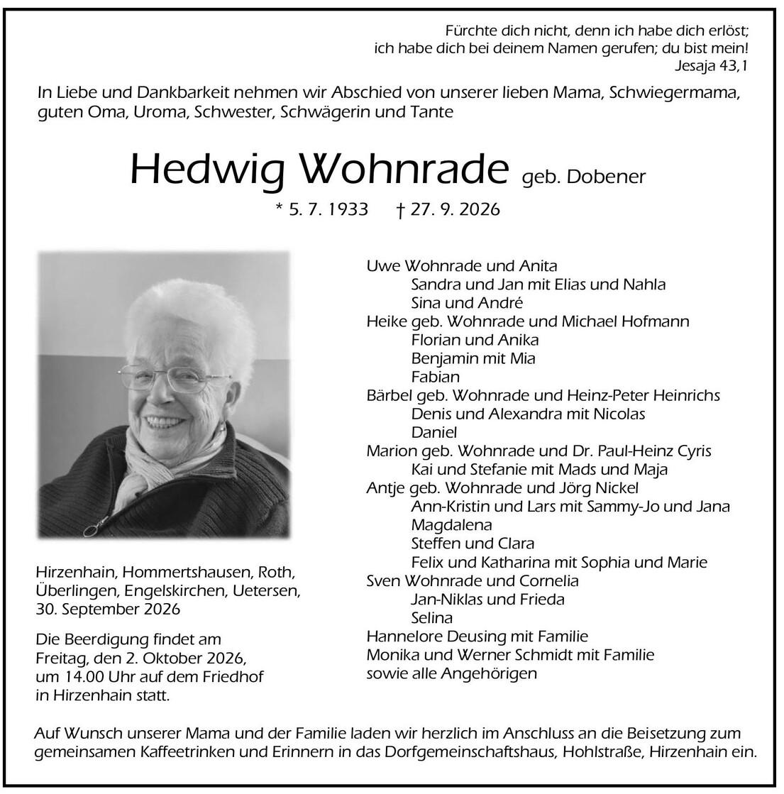 Traueranzeige Hedwig Wohnrade