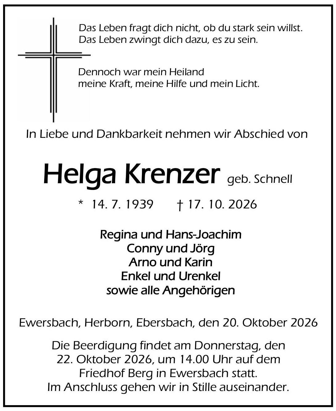 Traueranzeige Helga Krenzer