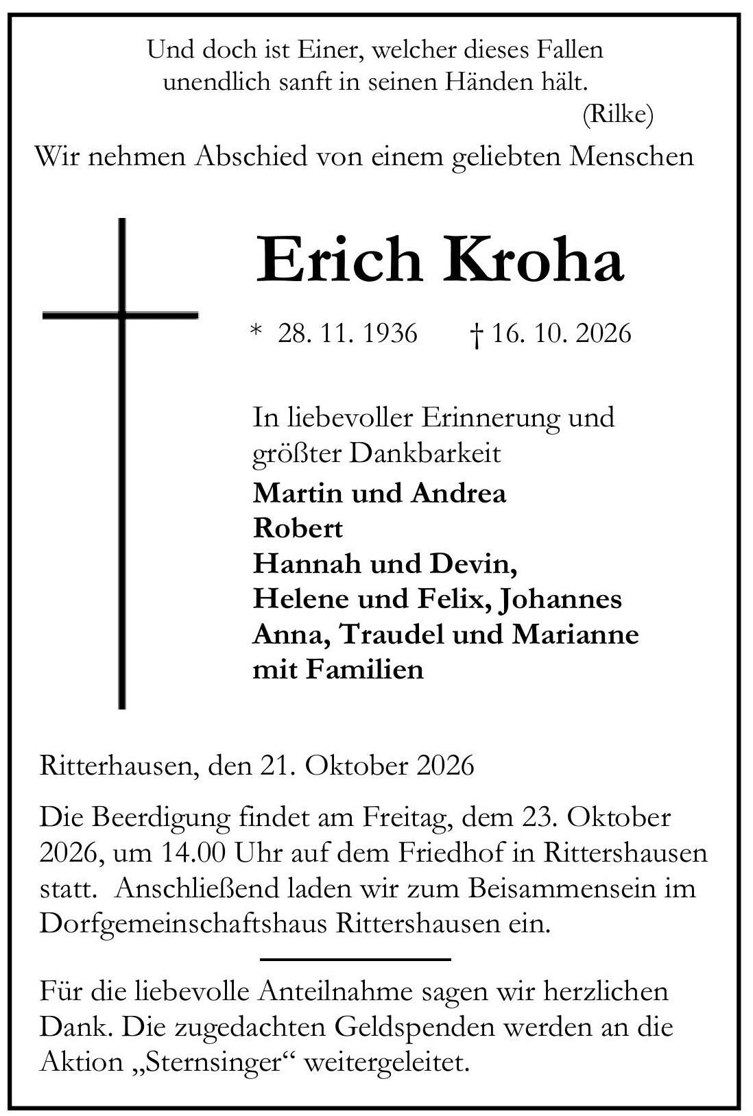 Traueranzeige Erich Kroha