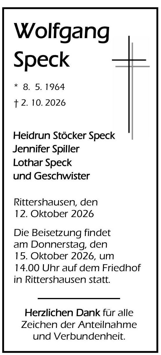 Traueranzeige Wolfgang Speck