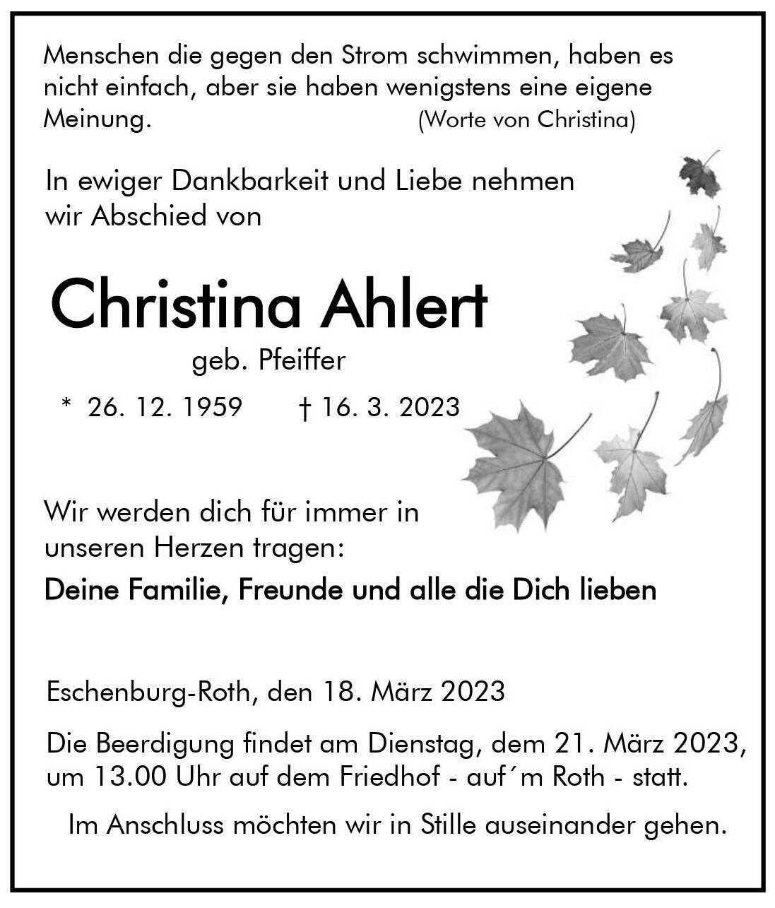 Traueranzeige für Christina Ahlert mit Geburts- und Sterbedaten sowie Beerdigungsinformationen und einem Zitat.