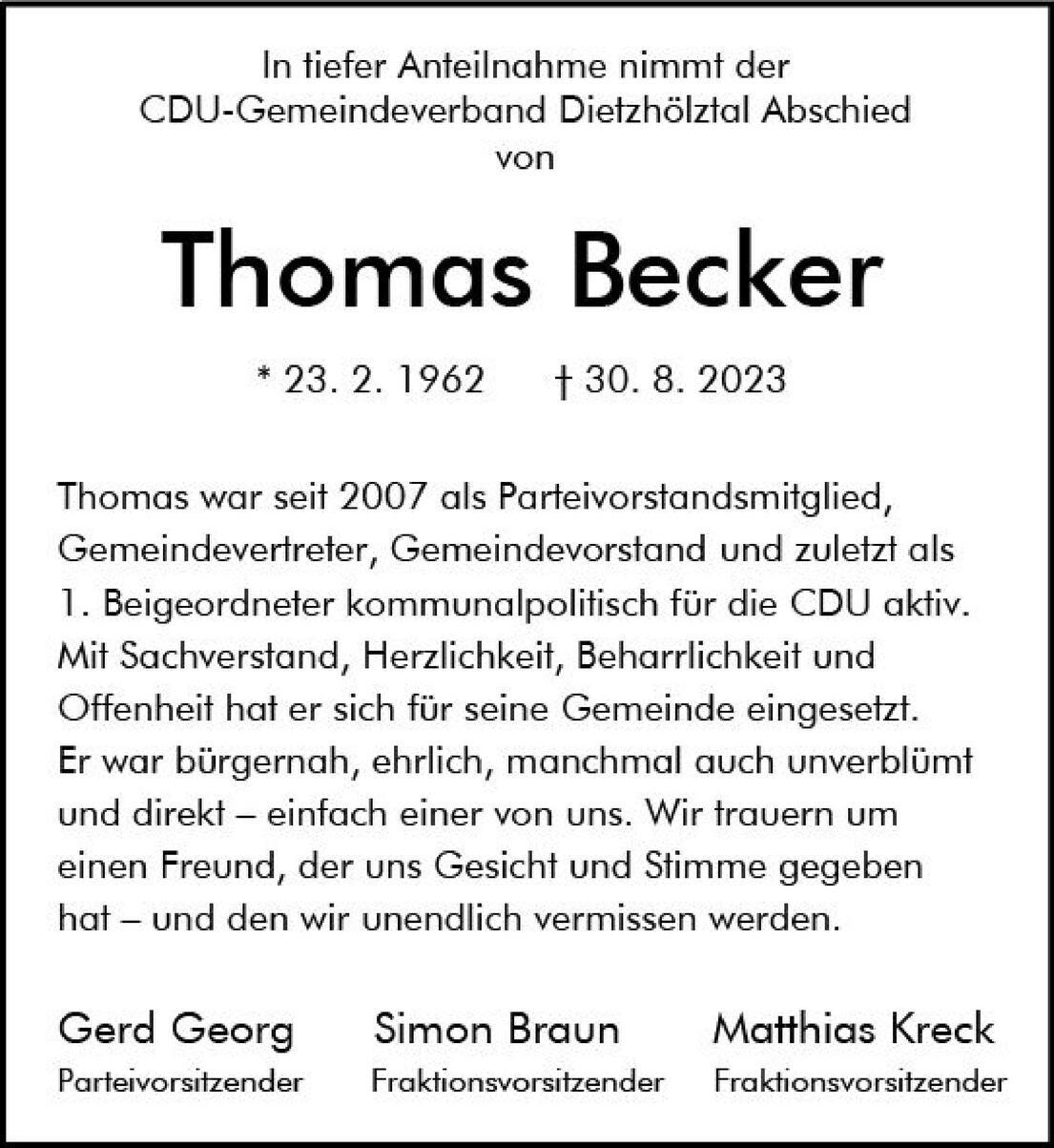 Trauerschreiben für Thomas Becker, mit Geburts- und Todesdatum, sowie Würdigung seiner politischen Arbeit.