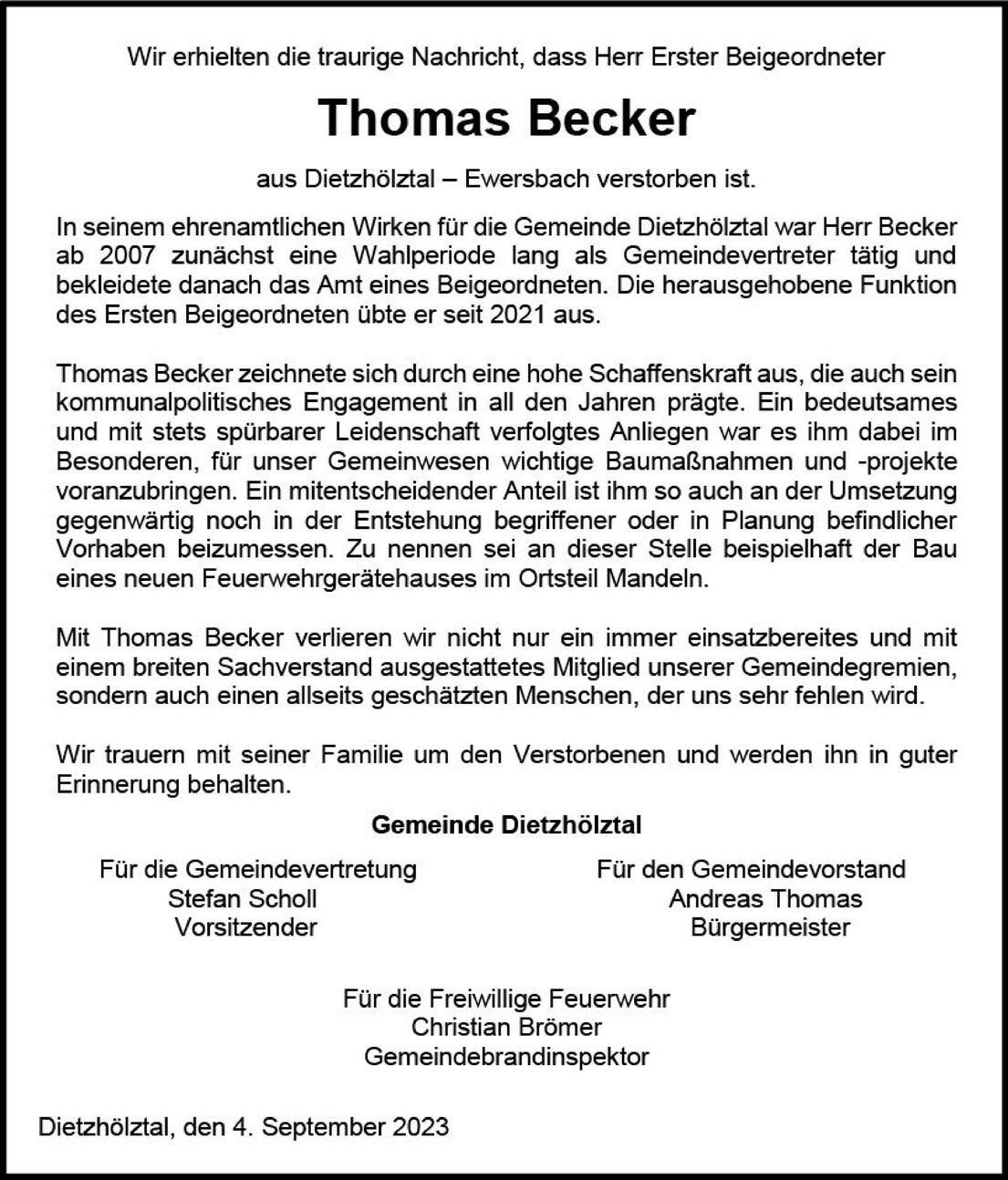 Traueranzeige für Thomas Becker aus Dietzhölztal, der am 4. September 2023 verstorben ist.