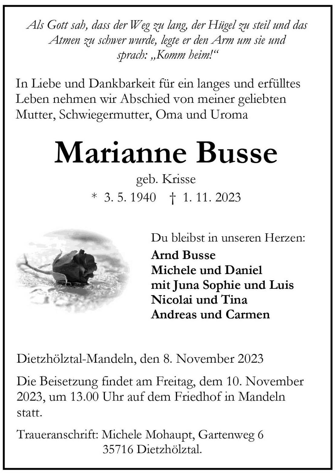 Traueranzeige für Marianne Busse mit Geburts- und Trauerdatum sowie Namen von Angehörigen und Beisetzungsdetails.