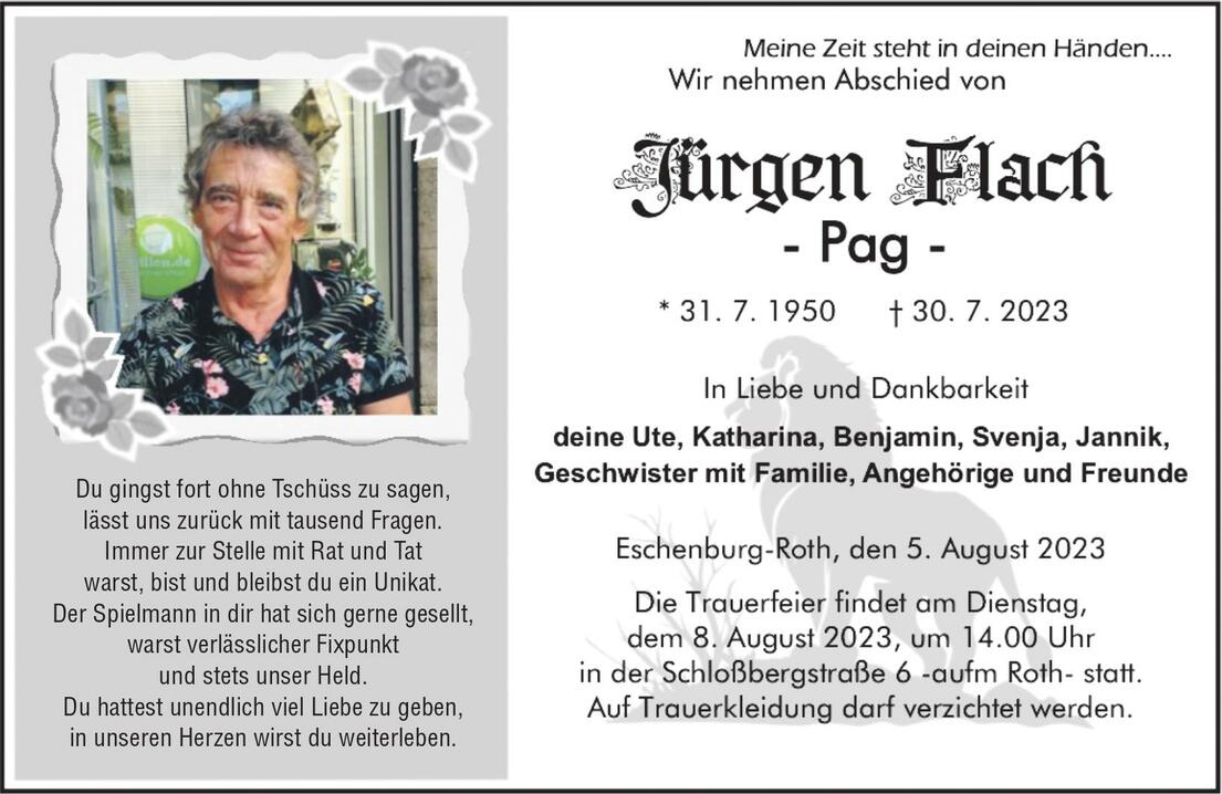 Traueranzeige mit Portrait eines Mannes, umgeben von Blumenmotiven, Informationen zur Trauerfeier und persönlichen Würdigungen.