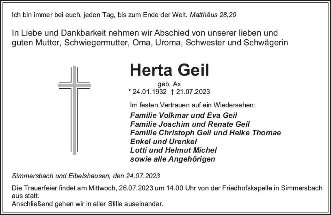 Traueranzeige für Herta Geil mit Daten zur Geburt, zum Tod und zur Trauerfeier, umgeben von einem Kreuz.