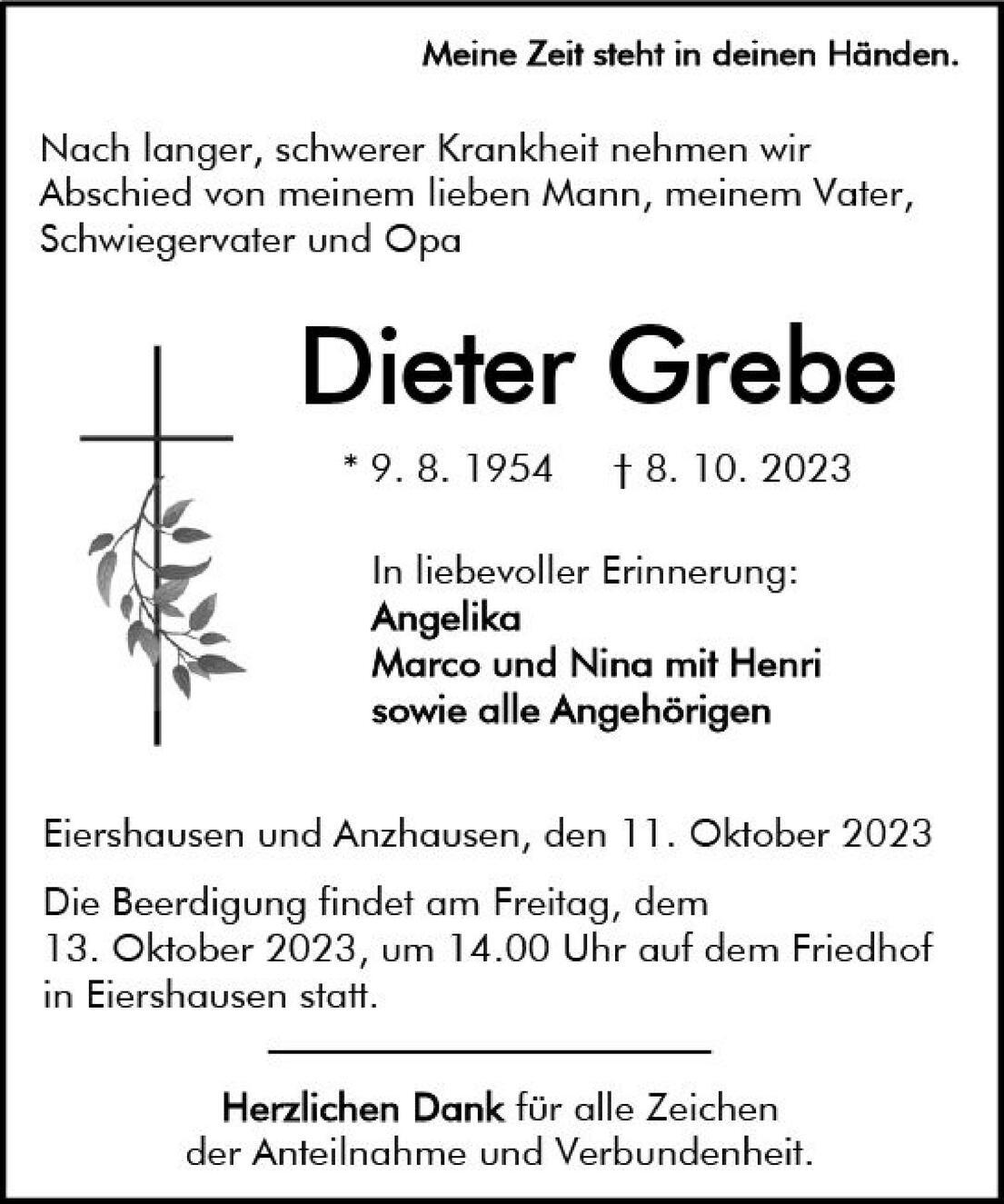 Traueranzeige für Dieter Grebe mit persönlichen Erinnerungen und Details zur Beerdigung am 13. Oktober 2023.