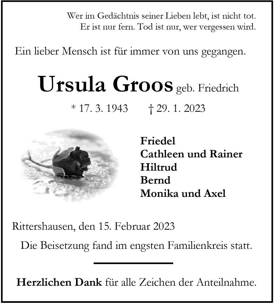 Traueranzeige für Ursula Groos mit Namen, Geburts- und Todesdatum sowie Blumenmotiv und Dankesworten.