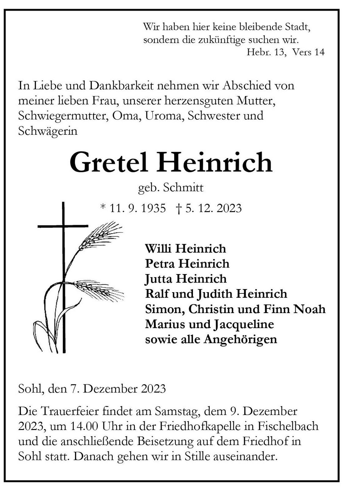Traueranzeige für Gretel Heinrich mit Lebensdaten, Kre cross und Weizenähren, Details zur Trauerfeier in Sohl.