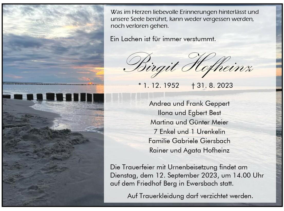 Trauerkarte für Birgit Hofheinz mit einem Sonnenuntergang über dem Wasser und einem Schriftzug in eleganter Schrift.