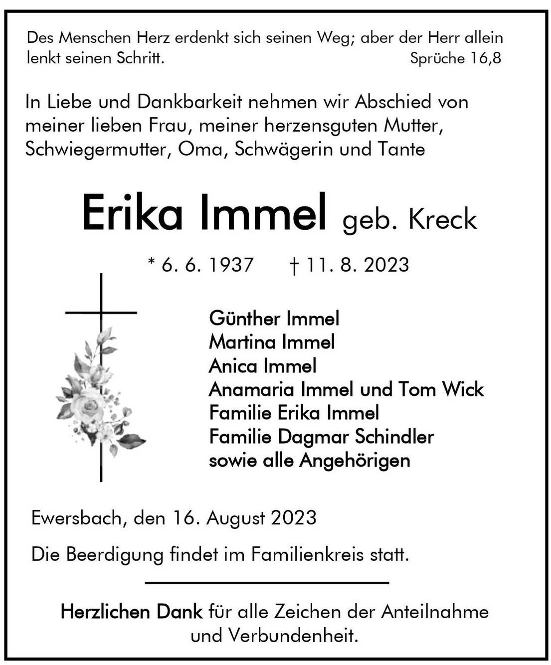 Traueranzeige für Erika Immel mit Lebensdaten, Angehörigen und Beerdigungsdetails, geschmückt mit einem Kreuz und Blumen.