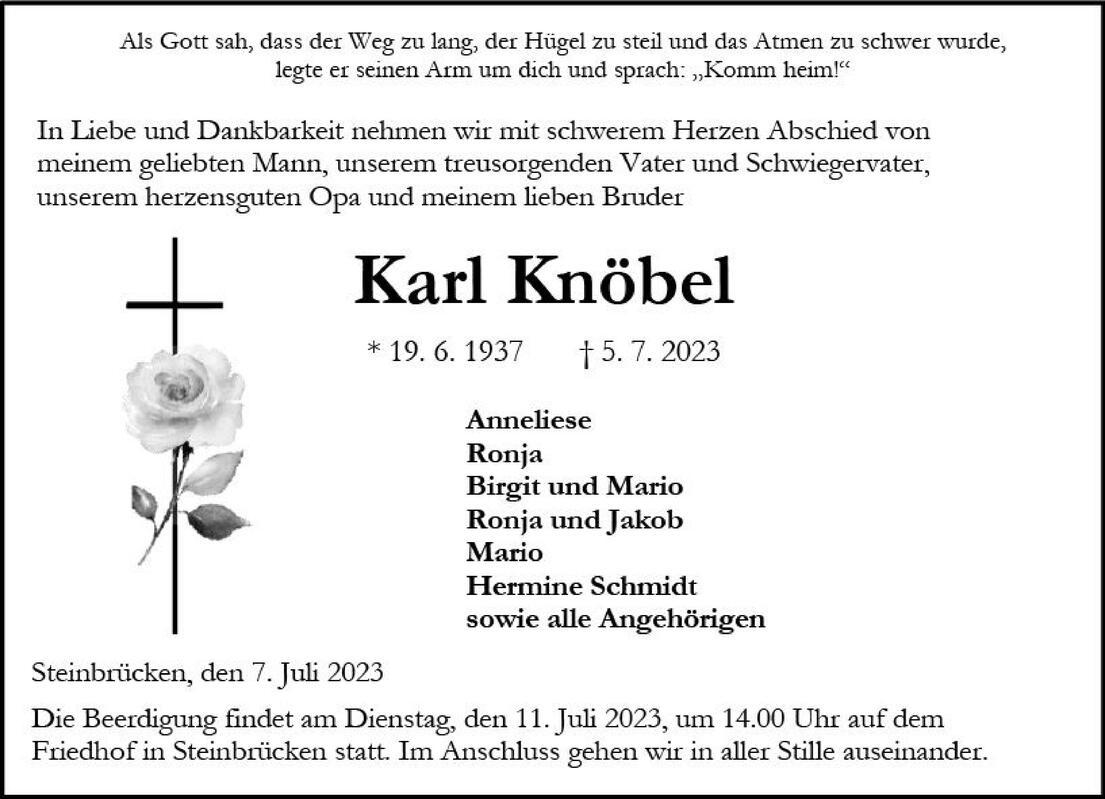 Traueranzeige für Karl Knöbel mit Namen, Geburts- und Todesdaten sowie Informationen zur Beerdigung.