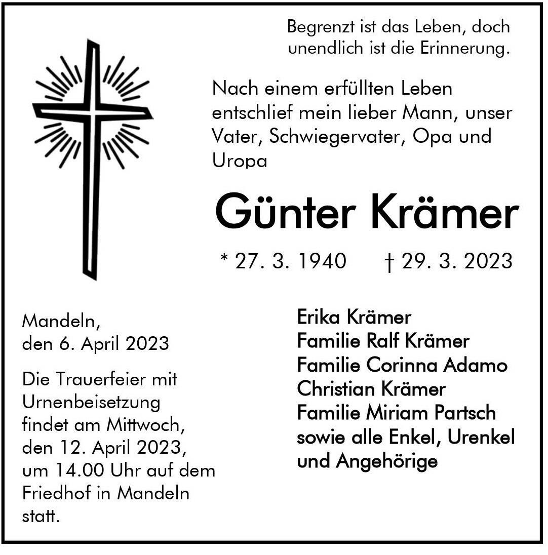 Traueranzeige für Günter Krämer mit Sterbedatum, Urnenbeisetzung und Angehörigen auf einem weißen Hintergrund.
