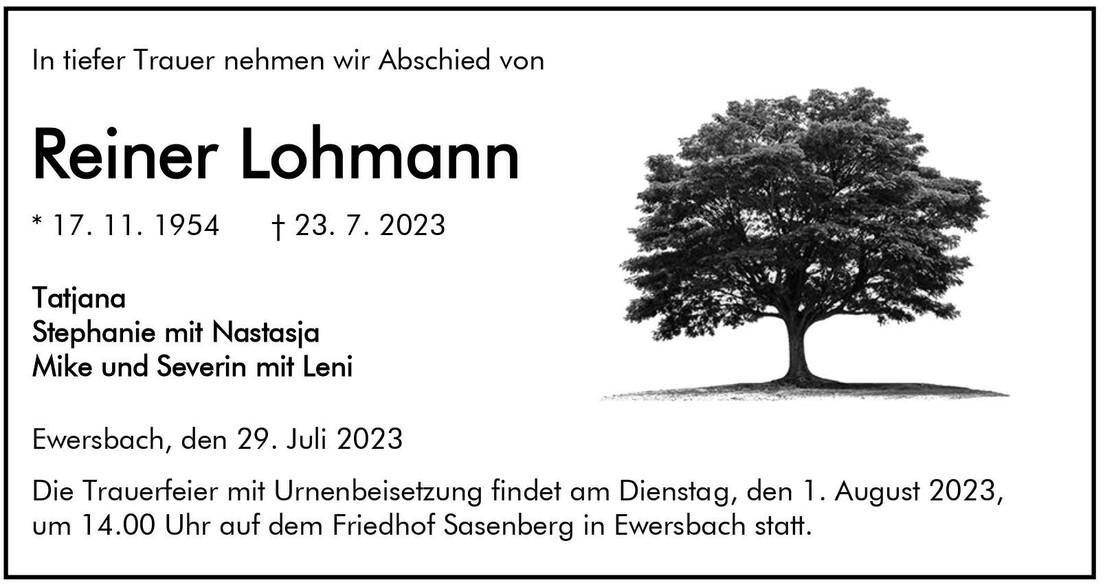Traueranzeige für Reiner Lohmann mit Geburts- und Sterbedatum sowie Details zur Urnenbeisetzung und Angehörigen.