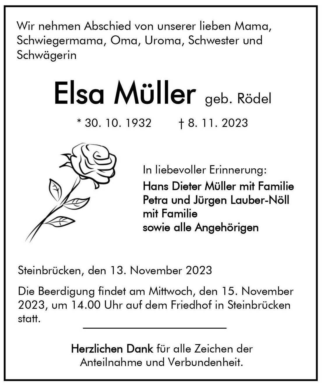 Sterbeblatt von Elsa Müller mit Geburts- und Sterbedatum sowie Informationen zur Beerdigung und Familienangehörigen.