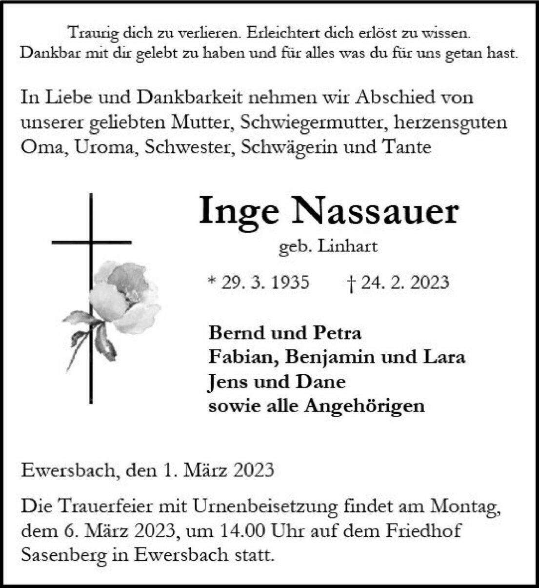 Obituary für Inge Nassauer mit persönlicher Widmung, Geburts- und Sterbedatum sowie Trauerfeierdetails.