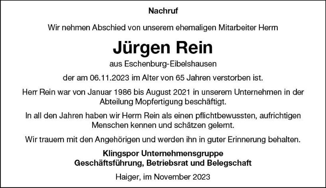 Nachruf auf Jürgen Rein, verstorben am 06.11.2023, mitgewirkt in der Abteilung Mopfertigung, Klingspor Unternehmensgruppe.