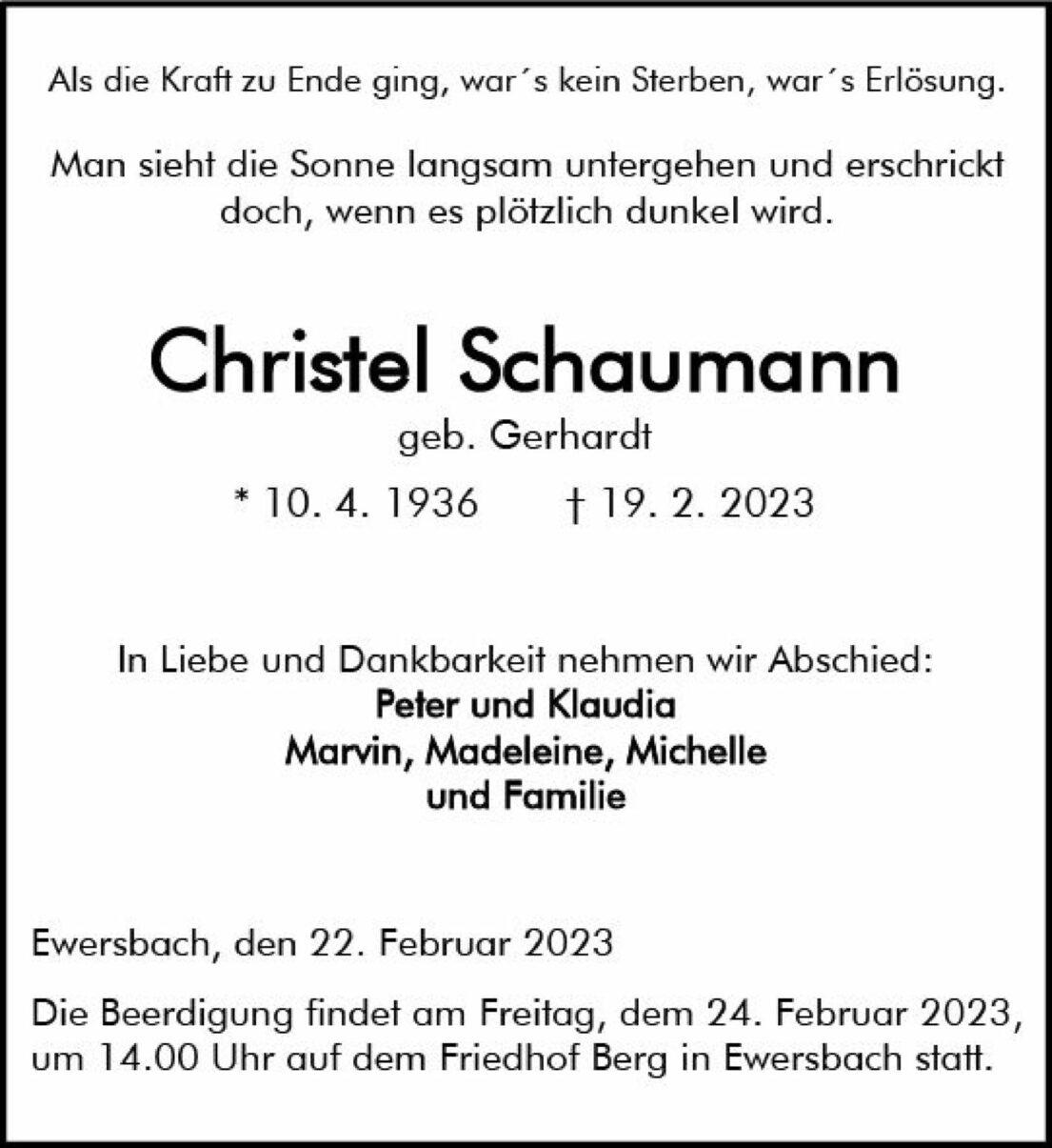 Traueranzeige für Christel Schaumann mit Geburts- und Todesdatum sowie Informationen zur Beerdigung.