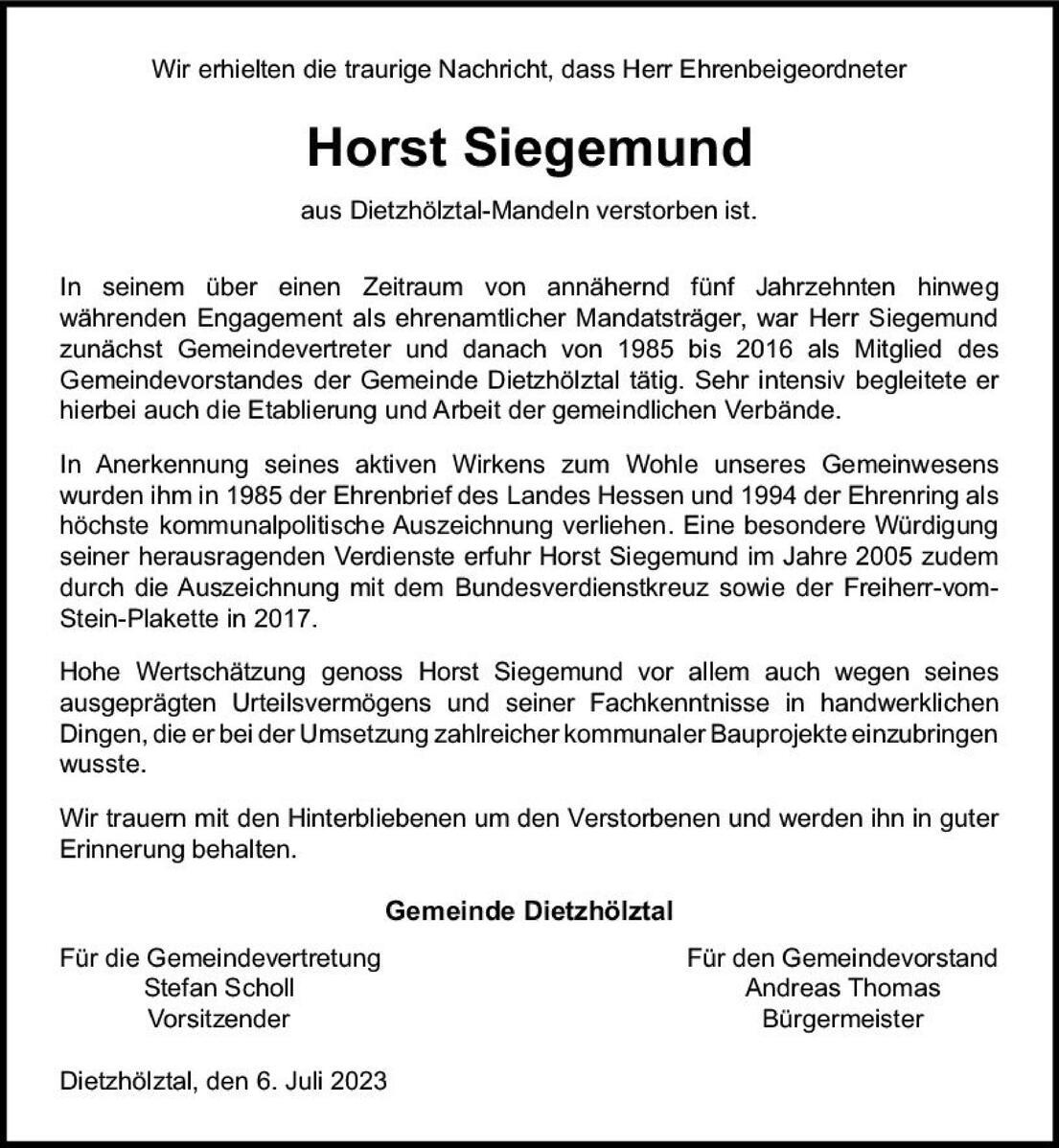 Traueranzeige für Horst Siegmund aus Dietzhölztal-Mandeln, der am 6. Juli 2023 verstorben ist.
