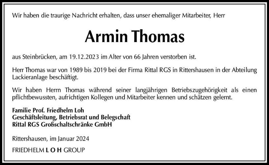 Nachruf auf Armin Thomas, verstorben am 19.12.2023, ehemaliger Mitarbeiter von Rittal RGS in der Lackieranlage.